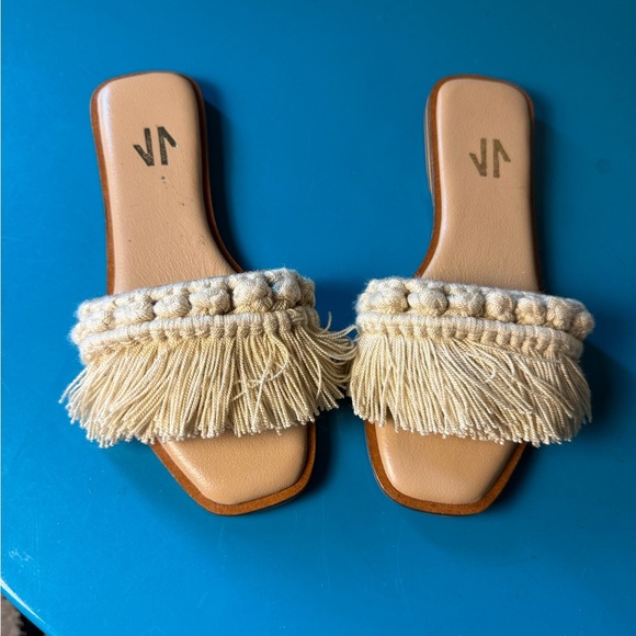 Leather Cream and Tan Bohemian Fringe Sandals - Picture 2 of 5